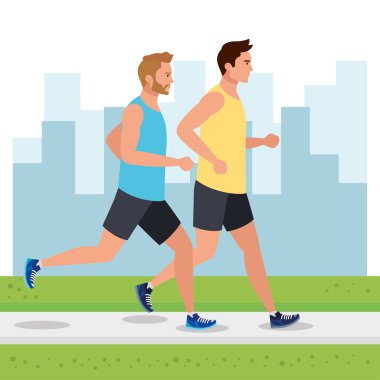 Şehir manzarasında koşan erkekler, koşan grup üyeleri, spor kıyafetleriyle koşan insanlar.