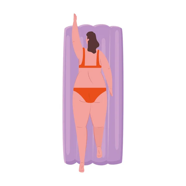 Mulher gorda bonito das costas em deitar-se no flutuador inflável com cor alaranjada do maiô — Vetor de Stock