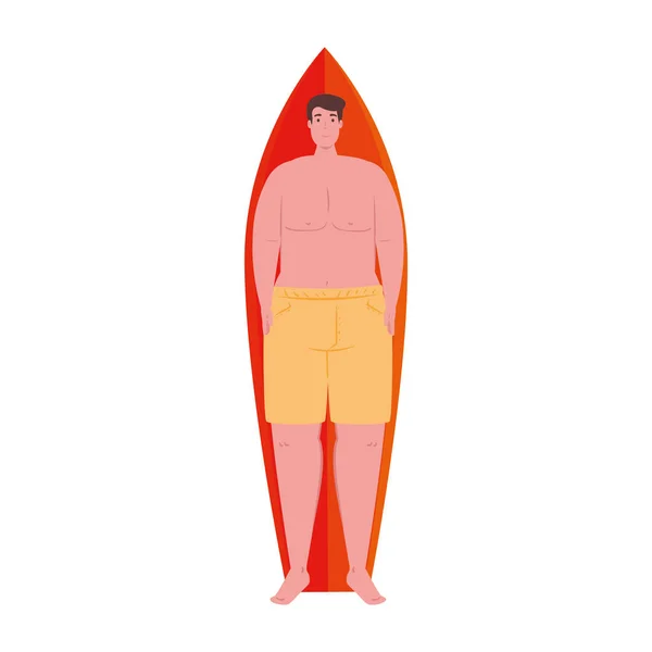 Homem deitado na prancha de surf em shorts cor amarela no fundo branco — Vetor de Stock