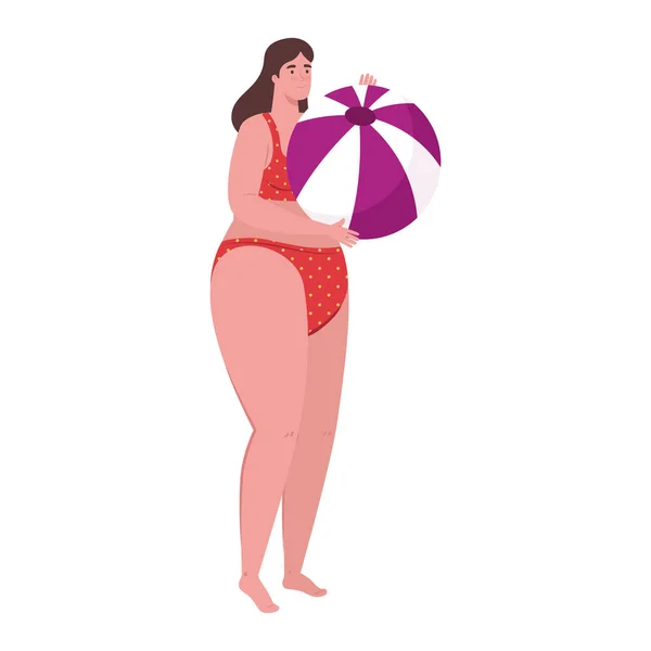 Mulher gorda bonito em maiô cor vermelha com bola de plástico no fundo branco — Vetor de Stock