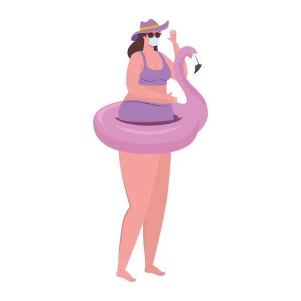Mignonne femme dodue avec maillot de bain en flamant rose, anneau de natation gonflable en forme d'oiseau tropical — Image vectorielle
