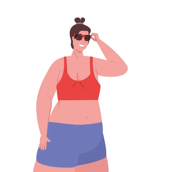 Женщина носит одежду к летним каникулам сезон с солнцезащитными очками — стоковый вектор