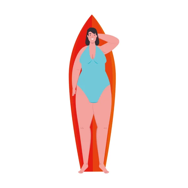 Słodkie pulchne kobieta leżąc na desce surfingowej z strój kąpielowy niebieski kolor na białym tle — Wektor stockowy