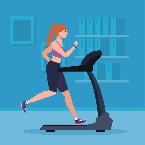 Deporte, mujer corriendo en la cinta de correr en la casa, deportista en la máquina de entrenamiento eléctrico en casa gimnasio — Vector de stock