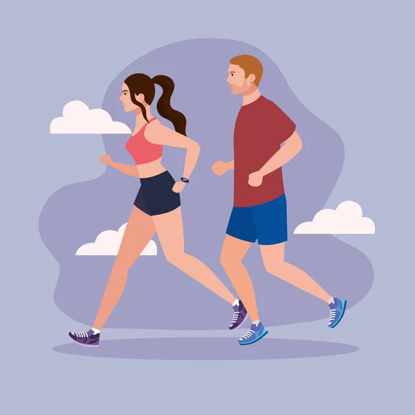 Pareja trotando, mujer y hombre corriendo, gente en ropa deportiva trotando — Vector de stock