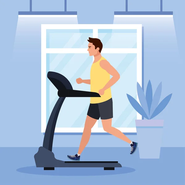 sport, man running on treadmill in the house, sport person at the electrical training machine in gym home