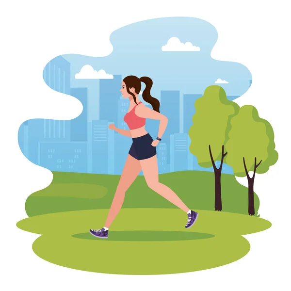 Woman running in park, woman in sportswear jogging outdoor, female athlete in landscape — Stock Vector