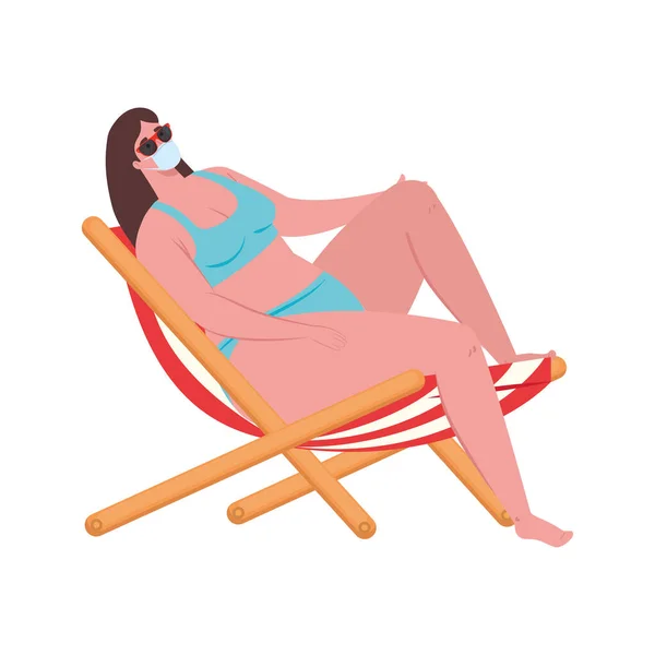 Cute plump woman sitting in chair beach with swimsuit blue color, wearing medical mask, covid 19 summer vacation — Stock Vector