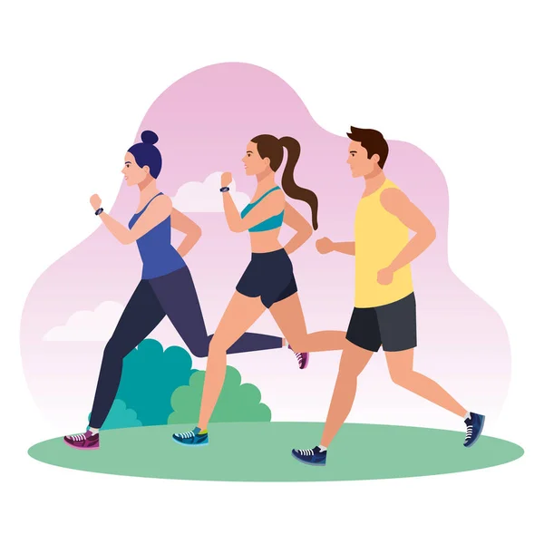 Jogging lidé v krajině, lidé běží závod v parku, lidé ve sportovním oblečení jogging v přírodě — Stockový vektor