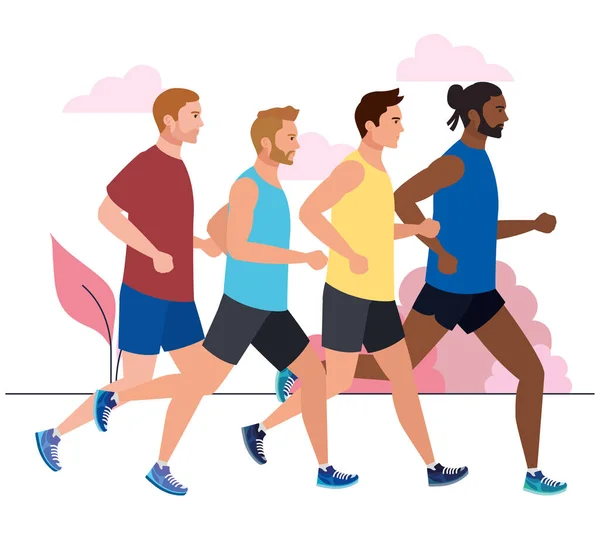 Bieganie mężczyzn, bieganie mężczyzn, bieganie mężczyzn w odzieży sportowej — Wektor stockowy