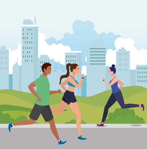 Jogging avec paysage urbain, les gens qui courent course en plein air, les gens dans le jogging de vêtements de sport — Image vectorielle