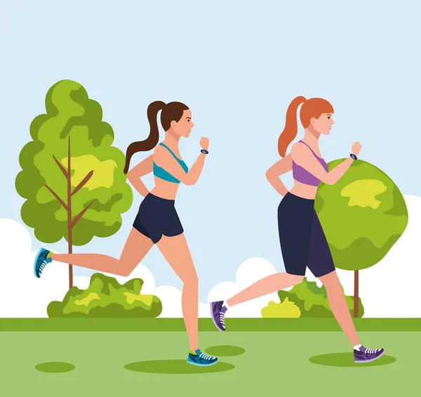 Kobiety biegające na świeżym powietrzu, kobiety biegające w parku, kobiety w odzieży sportowej biegające w naturze — Wektor stockowy