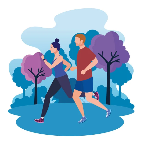 Para jogging w parku krajobraz, para działa na świeżym powietrzu, para w odzieży sportowej jogging w przyrodzie — Wektor stockowy