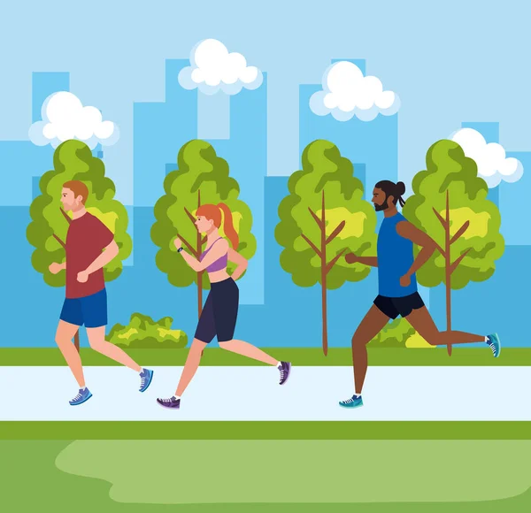 Les gens faisant du jogging dans le paysage, les hommes et les femmes courant en plein air, les gens en vêtements de sport faisant du jogging dans la nature du parc — Image vectorielle