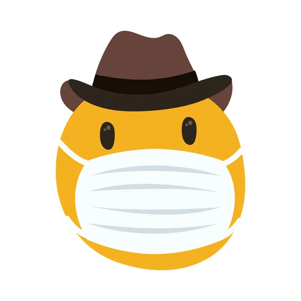 Emoji vestindo máscara médica com chapéu cowboy mão desenhar estilo — Vetor de Stock