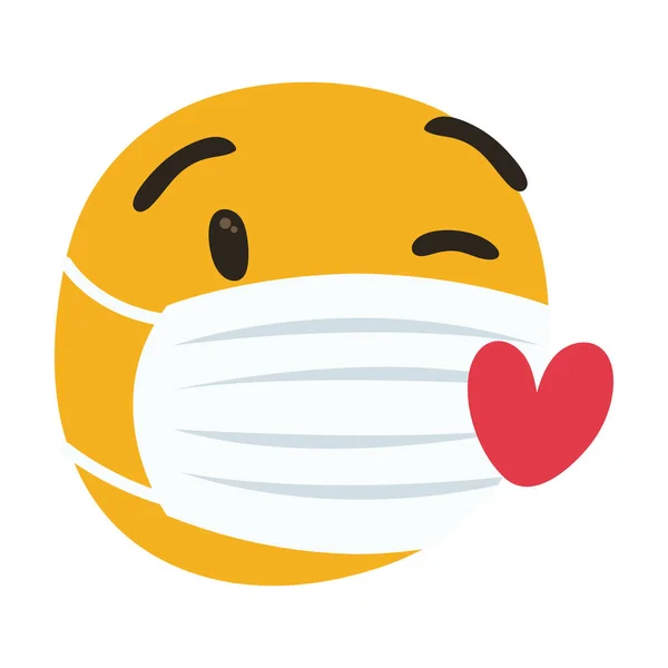 Emoji indossare maschera medica con cuori mano disegnare stile — Vettoriale Stock