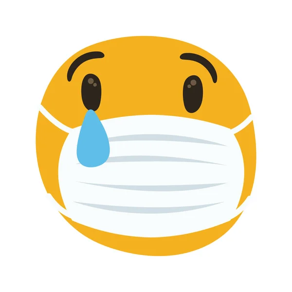 Tıbbi maske takan emoji ağlayan el çizimi stili — Stok Vektör