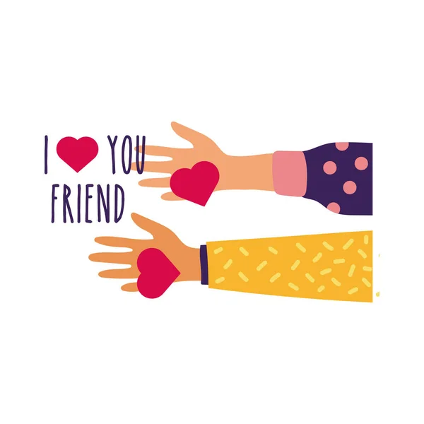 Feliz celebração do dia da amizade com as mãos levantando corações pastel mão desenhar estilo —  Vetores de Stock