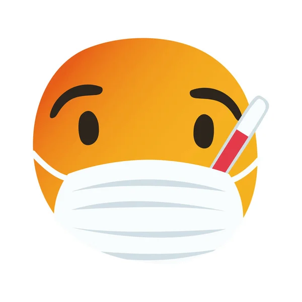 Emoji sakit mengenakan masker medis dan gaya menggambar tangan termometer - Stok Vektor