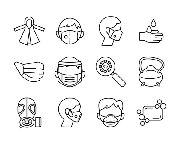 Bundel van medische masker en covid19 set pictogrammen — Stockvector