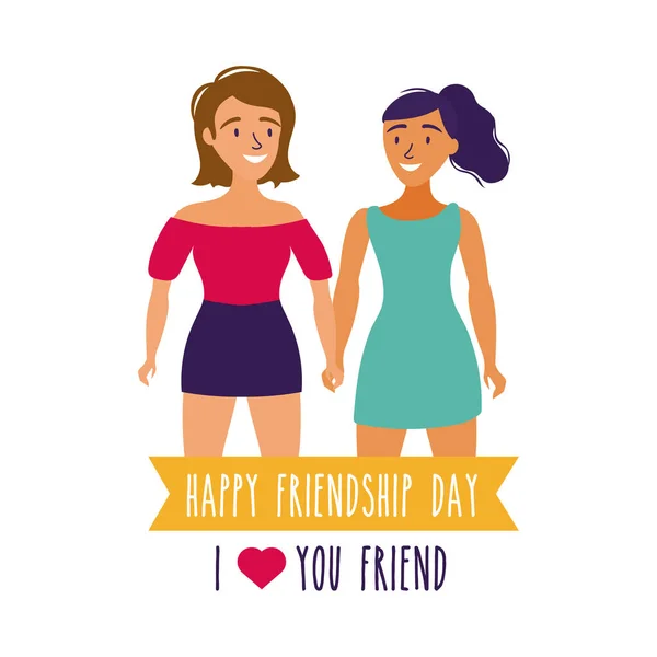 Happy friendship day celebration with couple of girls pastel hand draw style — Stock Vector