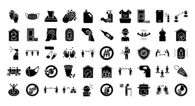 Sosyal uzaklık demeti ve covid19 set simgeleri