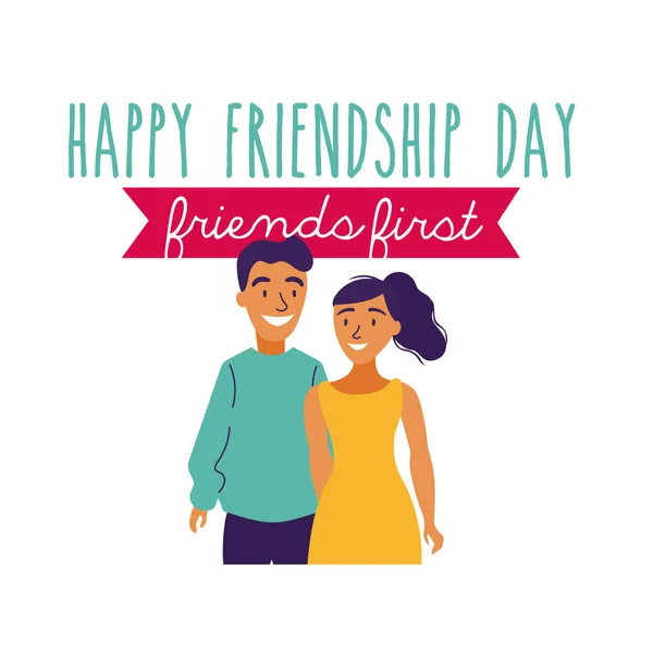 Happy friendship day celebration with couple pastel hand draw style — Stock Vector