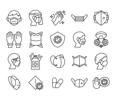 Bir deste tıbbi maske ve covid19 set simgesi