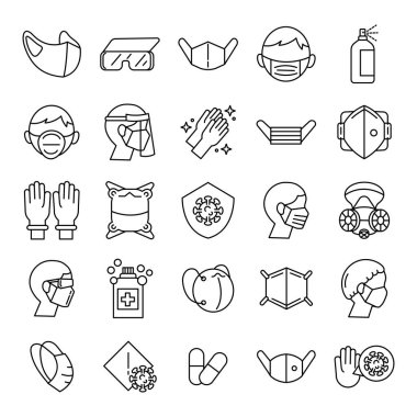 Bir deste tıbbi maske ve covid19 set simgesi