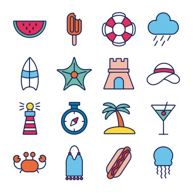 Yaz tatilleri demeti simgeleri ayarlar