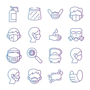 Bir deste tıbbi maske ve covid19 set simgesi