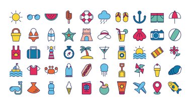 Yaz tatilleri demeti simgeleri ayarlar