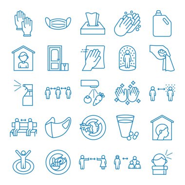 Sosyal uzaklık demeti ve covid19 set simgeleri