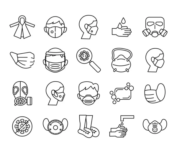 Комплект медицинских маски и covid19 набор иконок — стоковый вектор