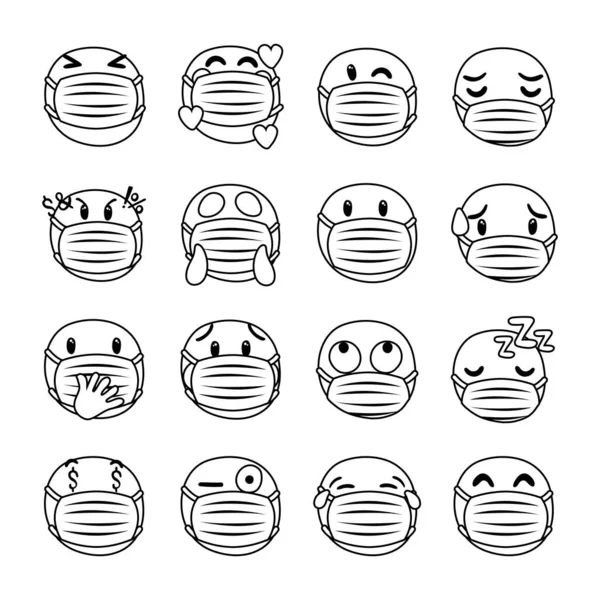 Groep emoji 's met medische maskers karakters — Stockvector