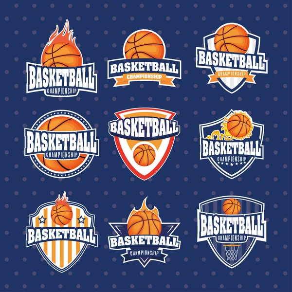 Basquetebol jogo esporte conjunto emblemas — Vetor de Stock