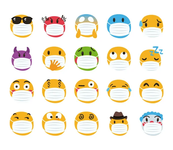 Groep emoji 's met medische maskers karakters — Stockvector