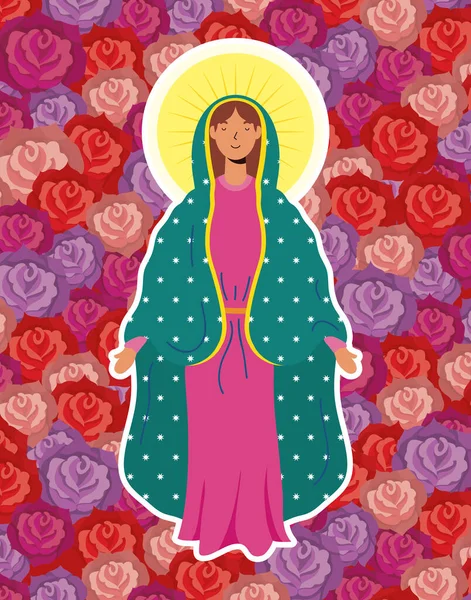 Asunción de hermosa María virgen con fondo de rosas — Vector de stock