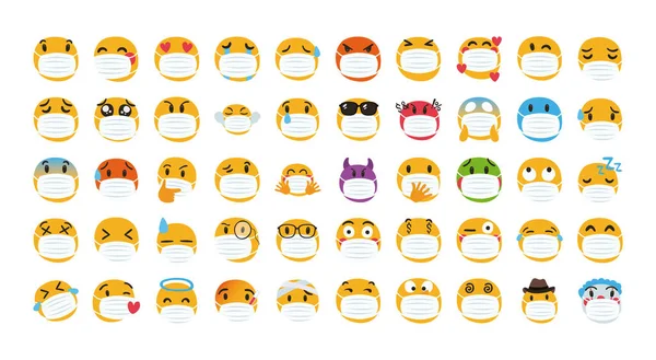 Grupo de emojis vestindo personagens máscaras médicas — Vetor de Stock