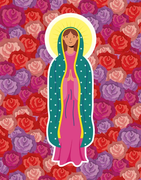 Παραδοχή της όμορφης παρθένου Μαρίας με φόντο τριαντάφυλλα — Διανυσματικό Αρχείο
