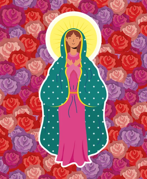 Asunción de hermosa María virgen con fondo de rosas — Vector de stock