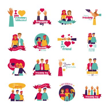 İnsanlarla ve simgelerle mutlu arkadaşlık günü kutlaması