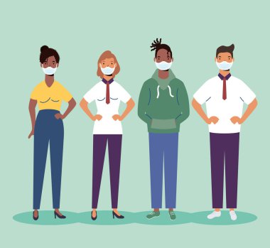 Tıbbi maske takan çeşitli insanlar.