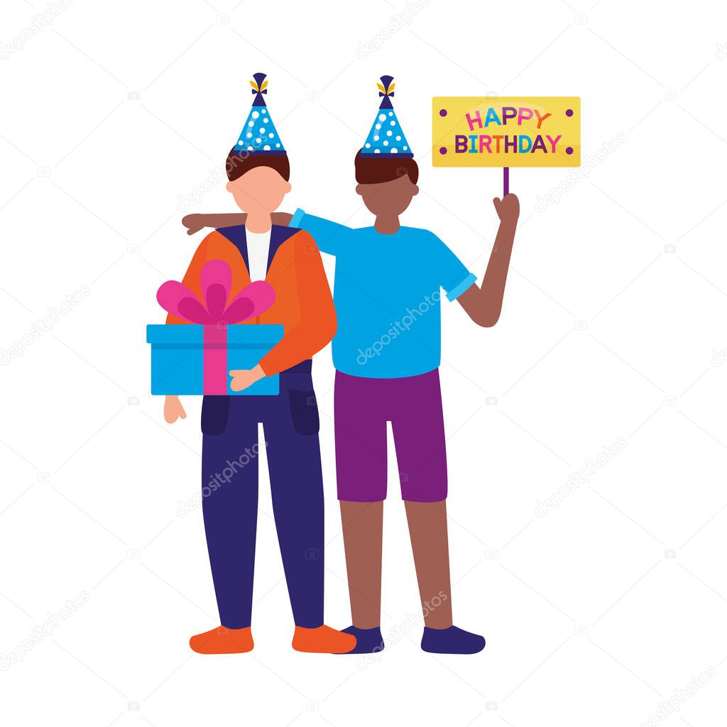men with happy birthday hats and gift vector design