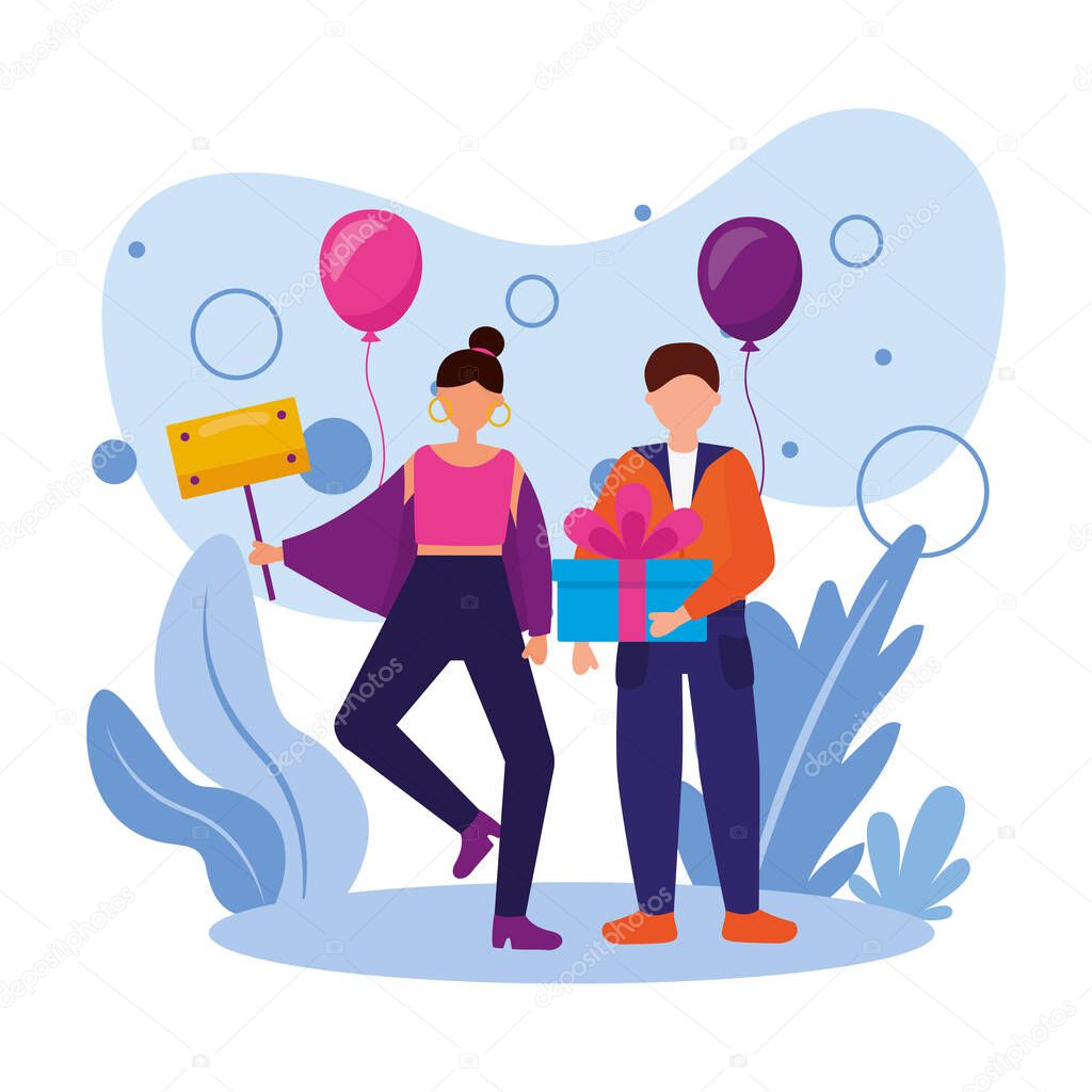 woman and man with happy birthday gift and balloons vector design