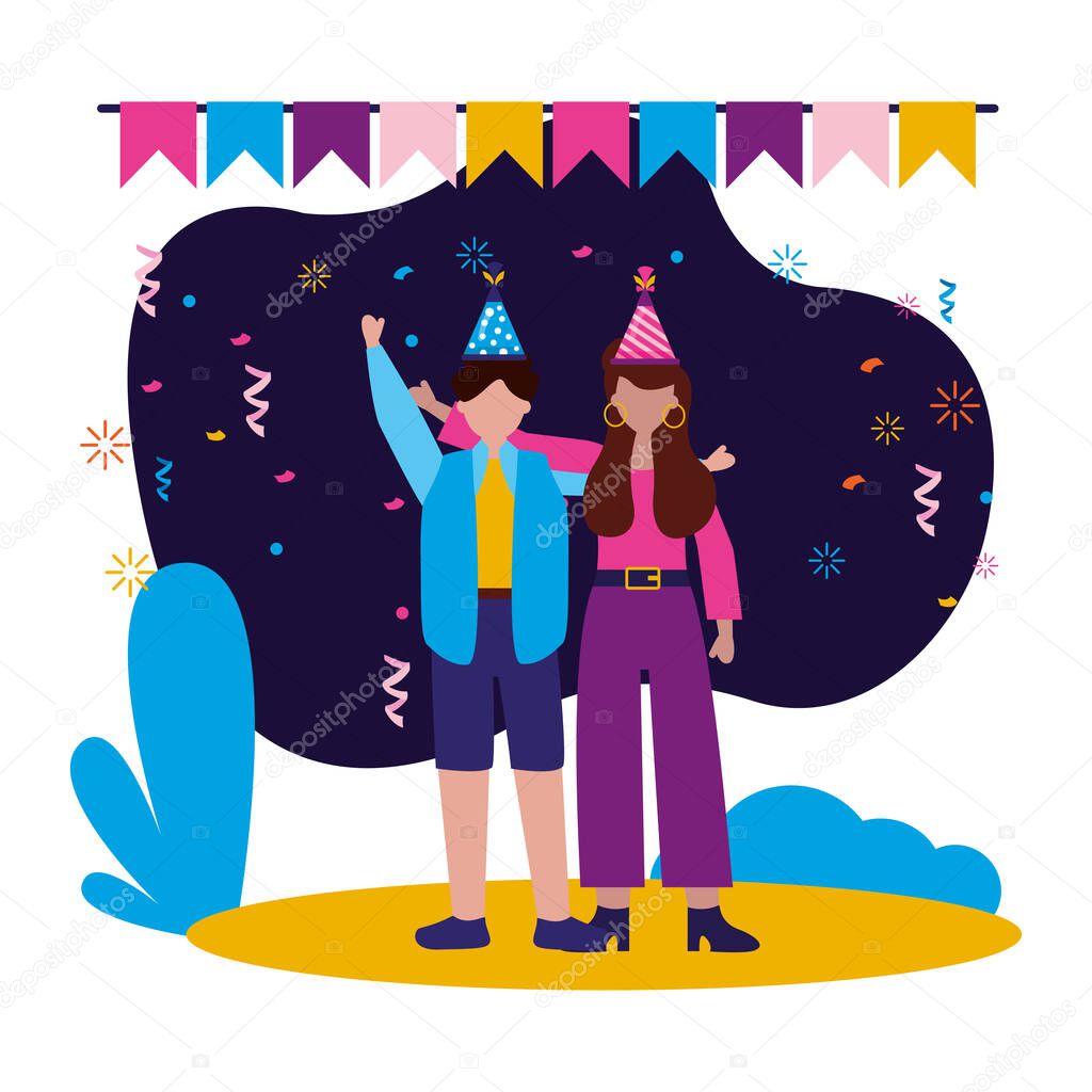 woman and man with happy birthday hats vector design
