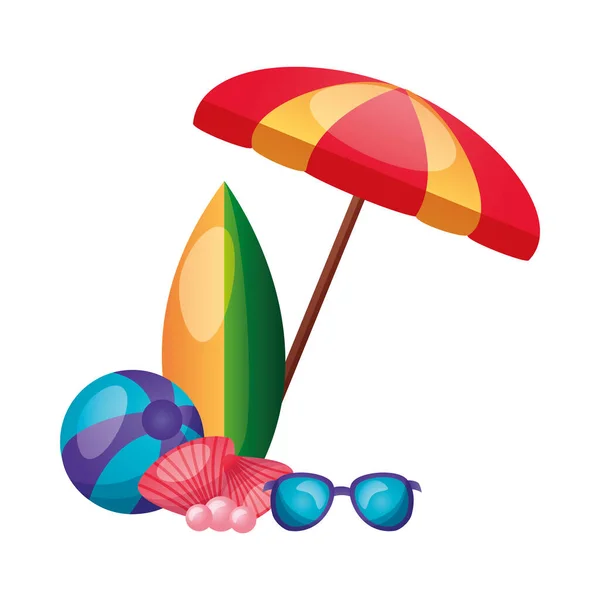 Guarda-chuva óculos de prancha conchas e design vetorial bola — Vetor de Stock