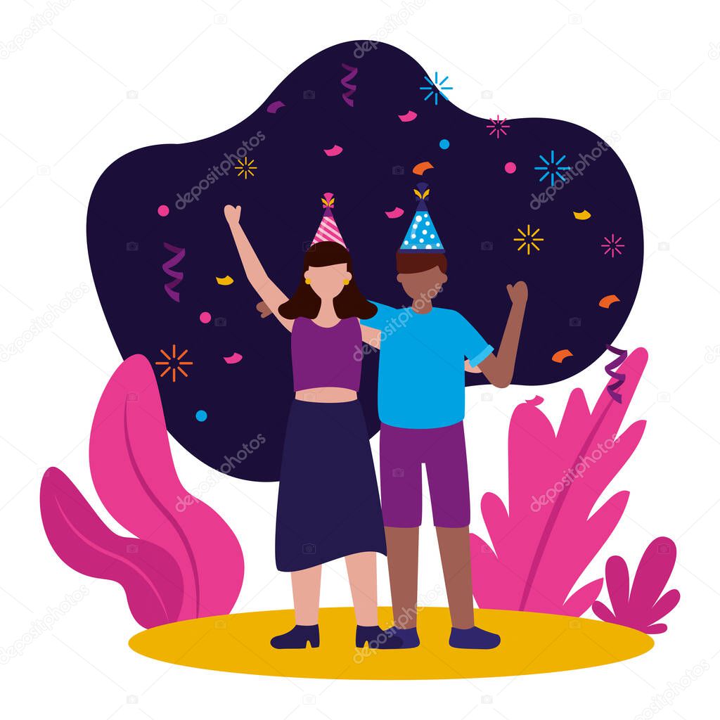 woman and man with happy birthday hats vector design