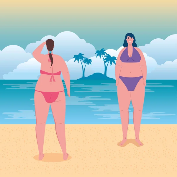 在海滩上穿着泳衣的胖胖的女人，在暑假里快乐的一群女人 — 图库矢量图片