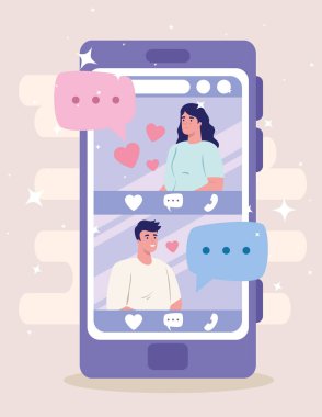 Online flört hizmeti başvurusu, kadın ve erkek profilli akıllı telefon, çift arayan modern insanlar, sosyal medya, sanal ilişki konsepti